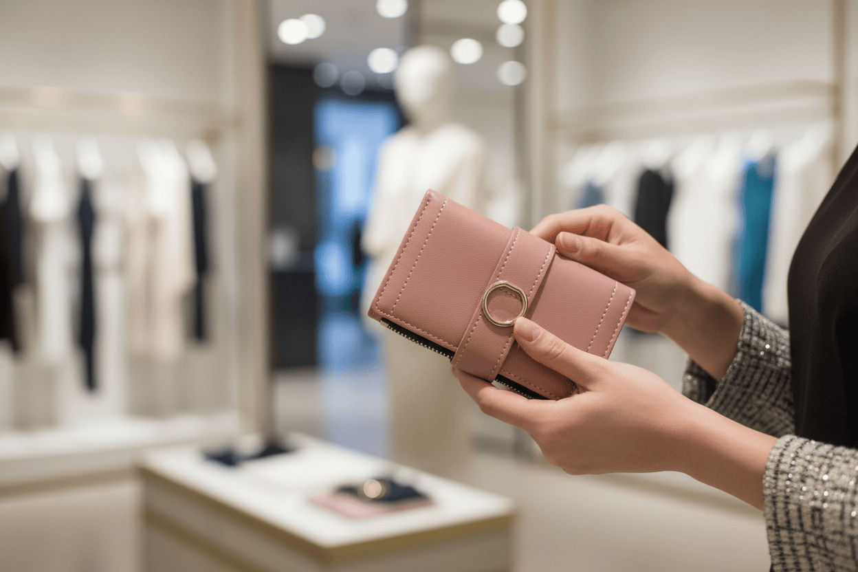 Shopping en boutique avec portefeuille rose foncé