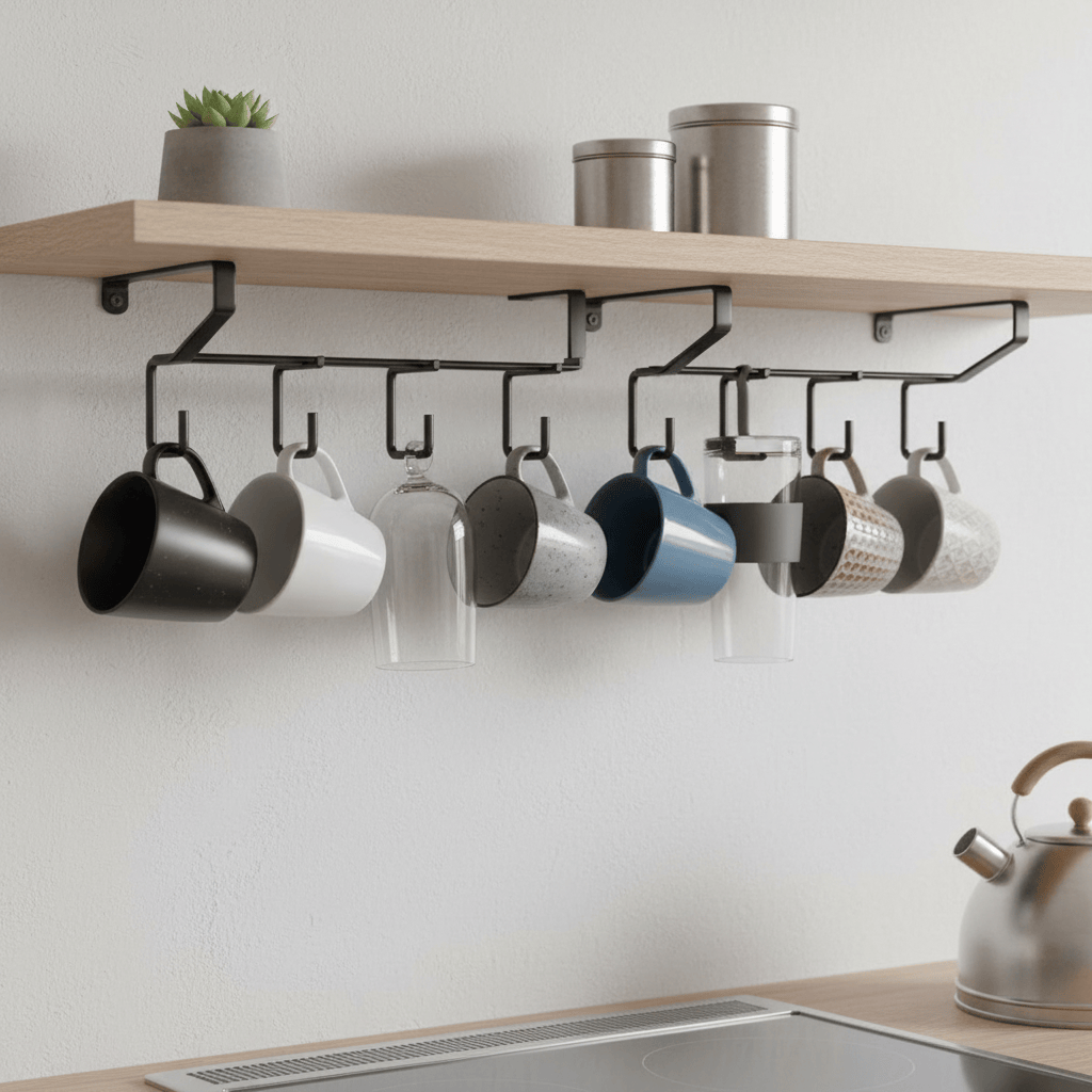 Support mugs fer noir contemporain sous étagère