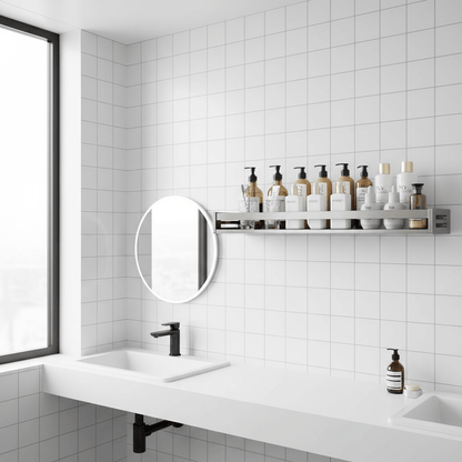 Étagère aluminium brossé avec produits