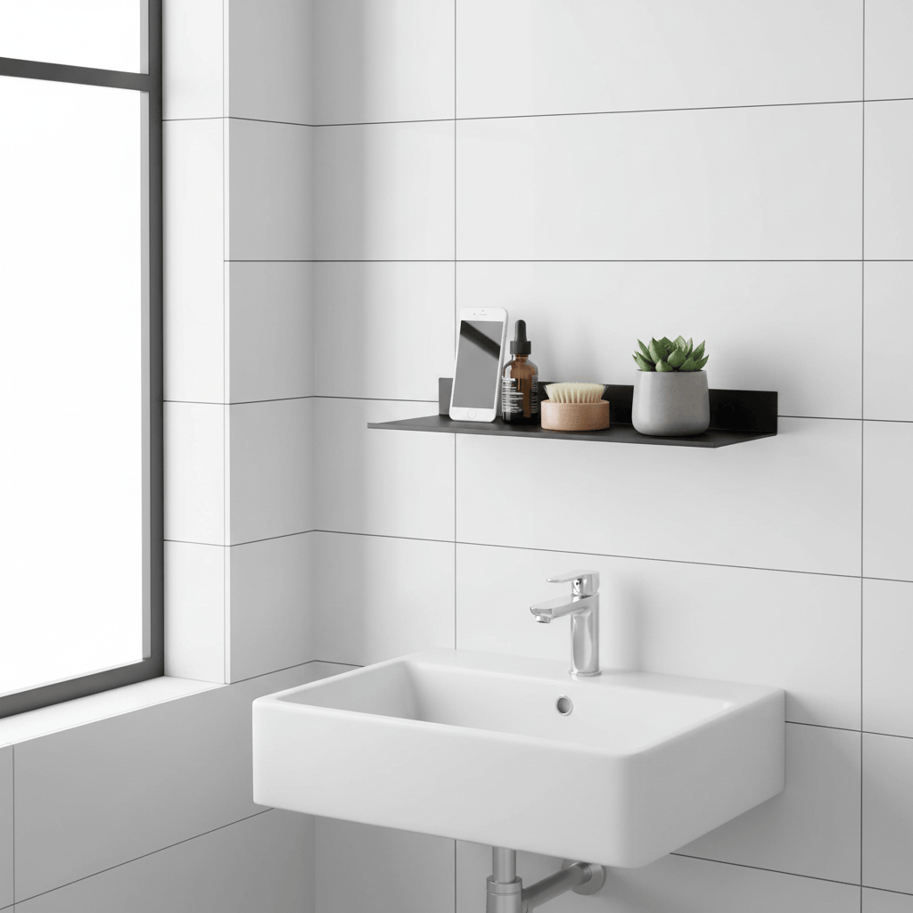 Étagère aluminium noir brossé dans salle de bain