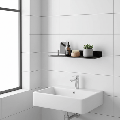 Étagère aluminium noir brossé dans salle de bain