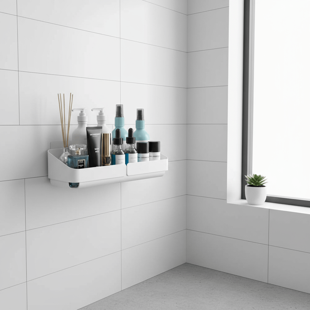 Étagère blanche immaculée avec cosmétiques