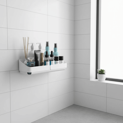 Étagère blanche immaculée avec cosmétiques