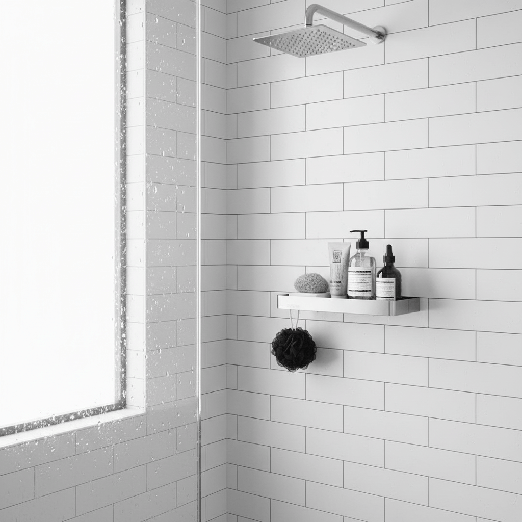 Étagère inox brossé argenté dans douche