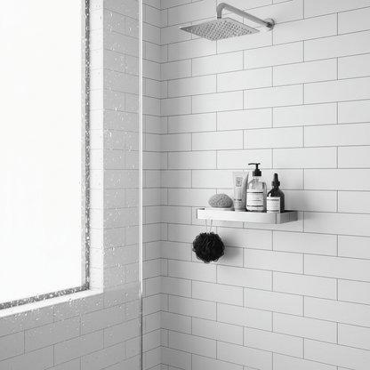 Étagère inox brossé argenté dans douche