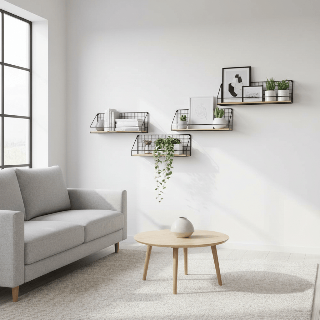 Étagère métal et bois avec livres et plantes