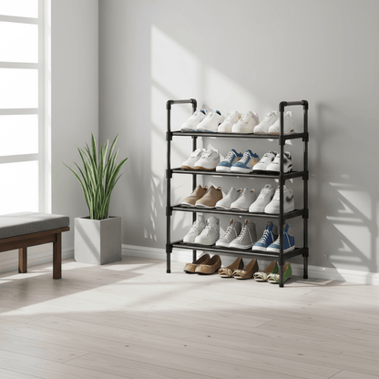 Étagère métallique noire dans une entrée