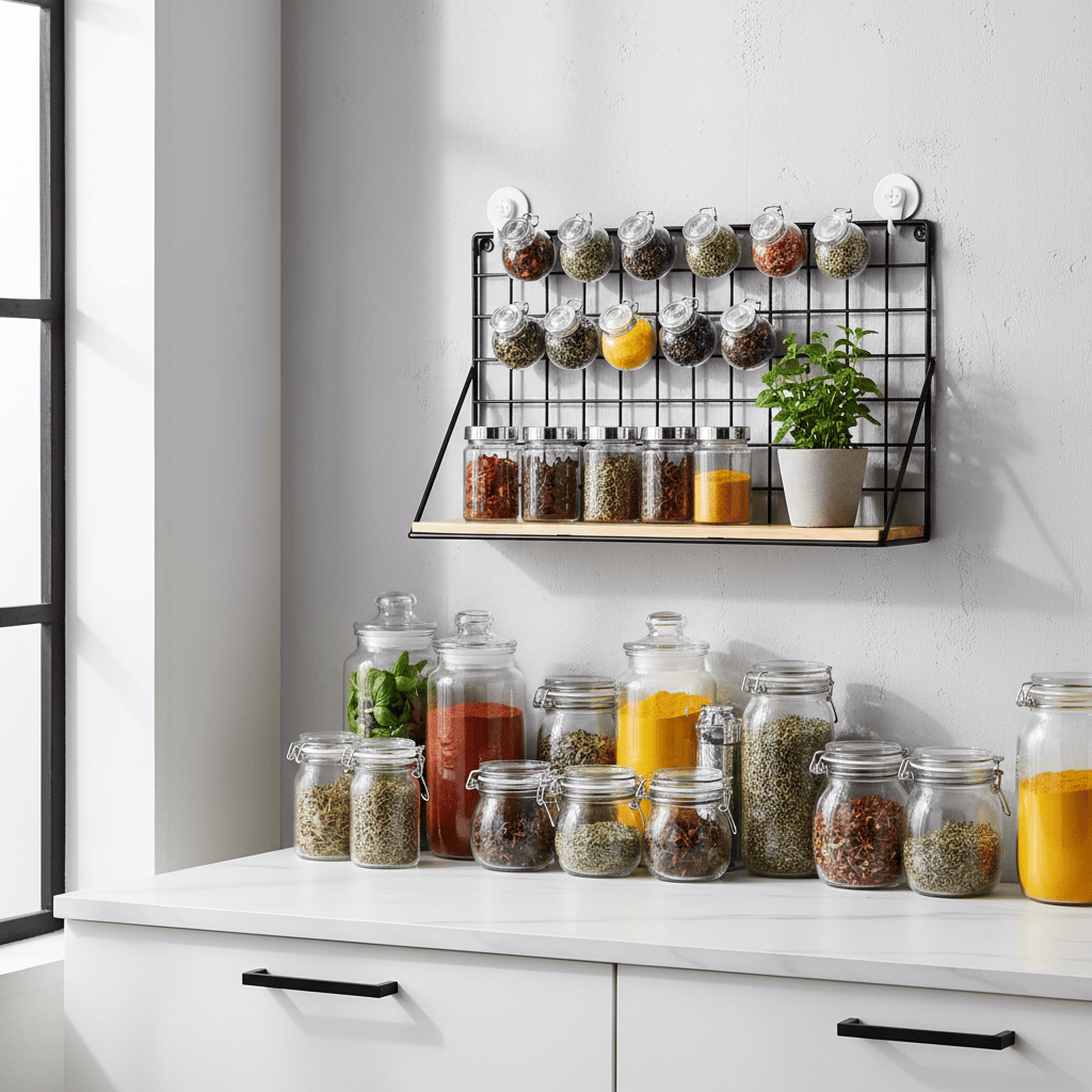 Étagère noire avec épices organisées