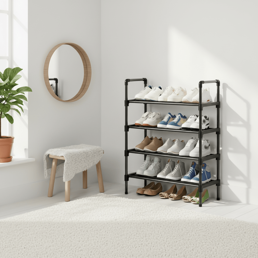 Étagère noire dans un coin chambre