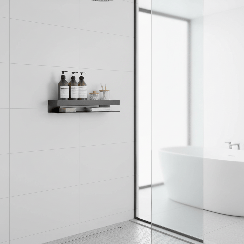 Étagère noire double niveau dans douche
