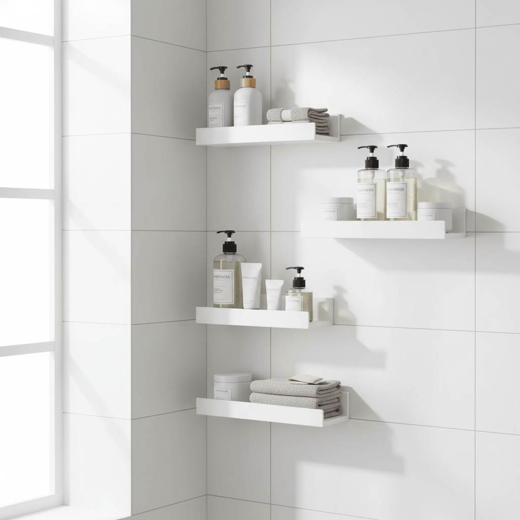 Étagères blanches adhésives avec cosmétiques