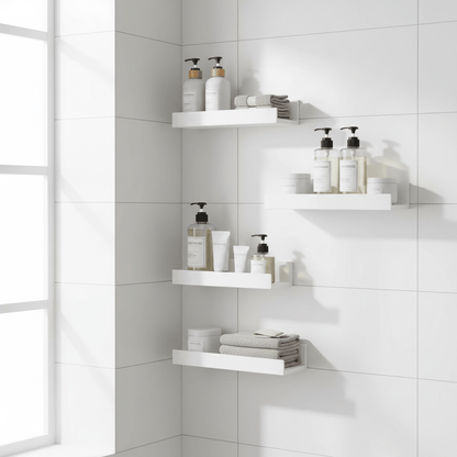 Étagères blanches adhésives avec cosmétiques