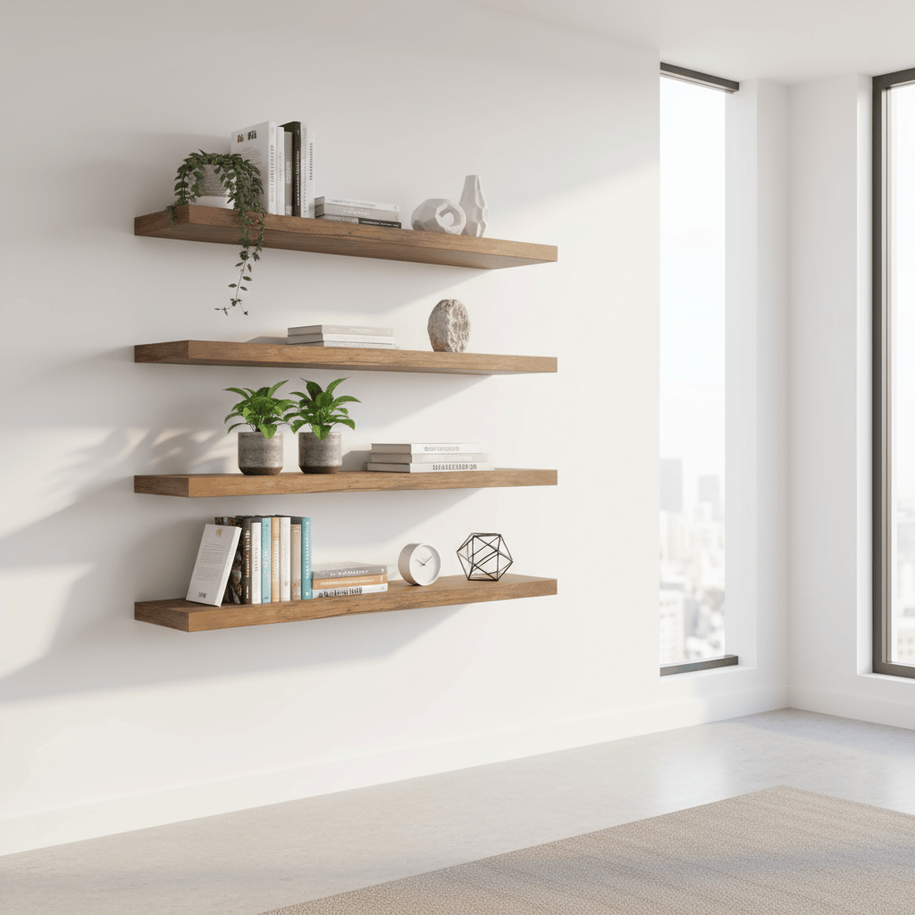 Étagères bois naturel avec supports invisibles