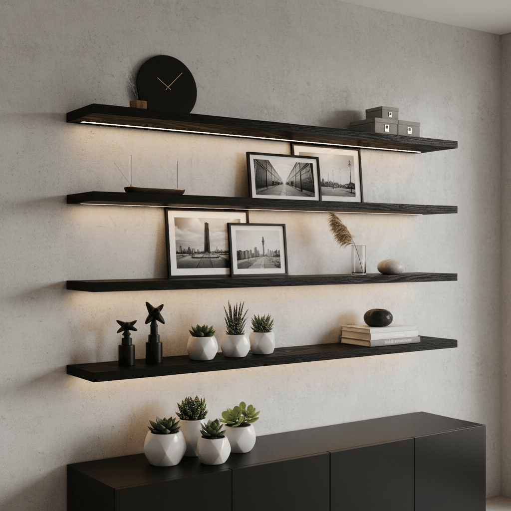 Étagères noires graphite avec montage caché