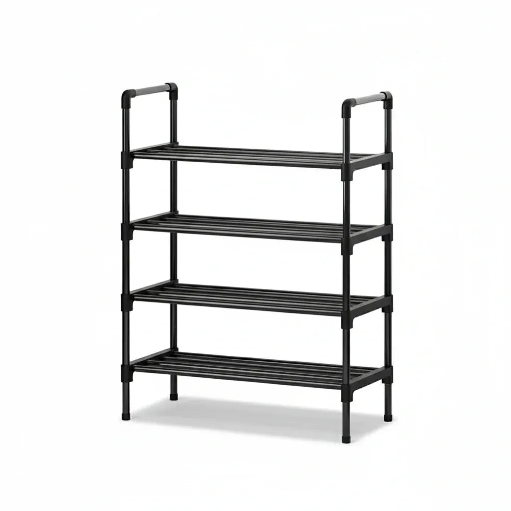 Étagère à Chaussures Métallique Multi-Niveaux Noire - Rangement Modulable et Empilable 4 étages
