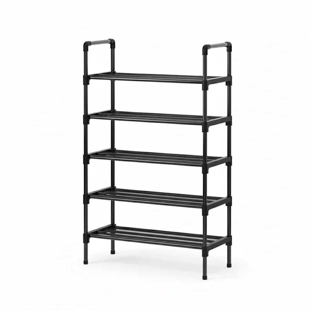 Étagère à Chaussures Métallique Multi-Niveaux Noire - Rangement Modulable et Empilable 6 étages
