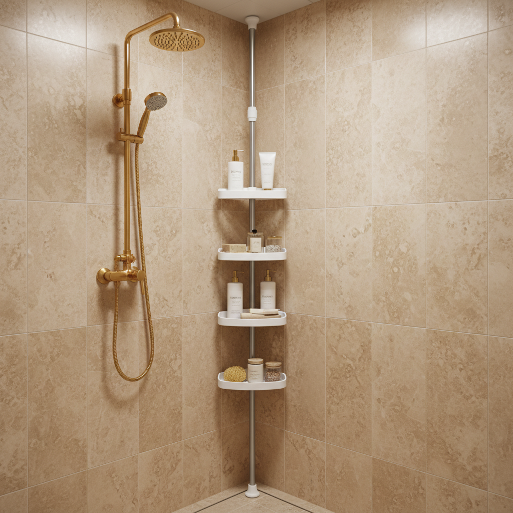 Étagère Douche Télescopique 4 Niveaux Pivotante Inox Blanc 3