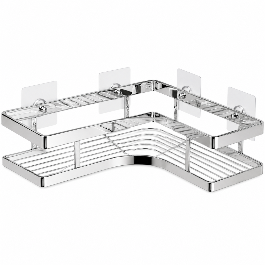 Étagère Douche d'Angle en Inox — Rangement Mural Sans Perçage.