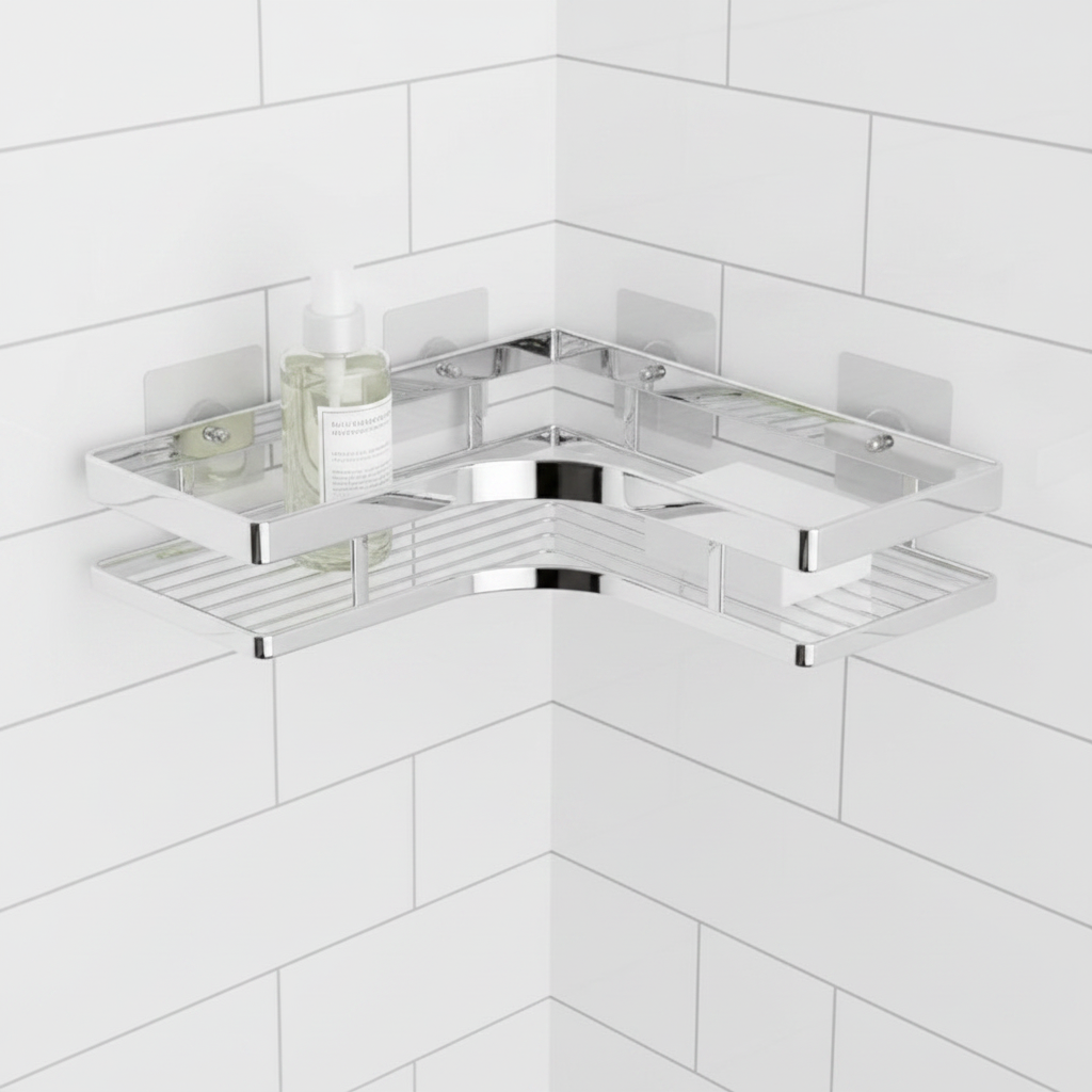 Étagère Douche d'Angle en Inox — Rangement Mural Sans Perçage