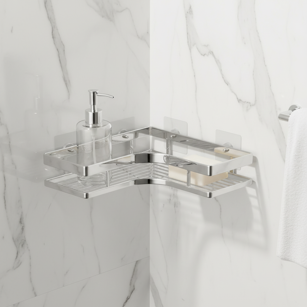 Étagère Douche d'Angle en Inox — Rangement Mural Sans Perçage 2
