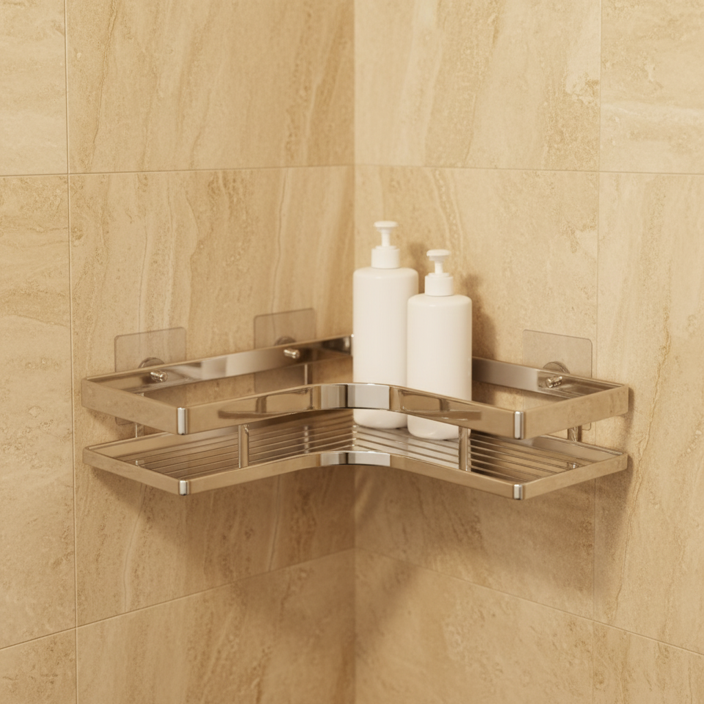 Étagère Douche d'Angle en Inox — Rangement Mural Sans Perçage 1