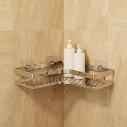 Étagère Douche d'Angle en Inox — Rangement Mural Sans Perçage 1