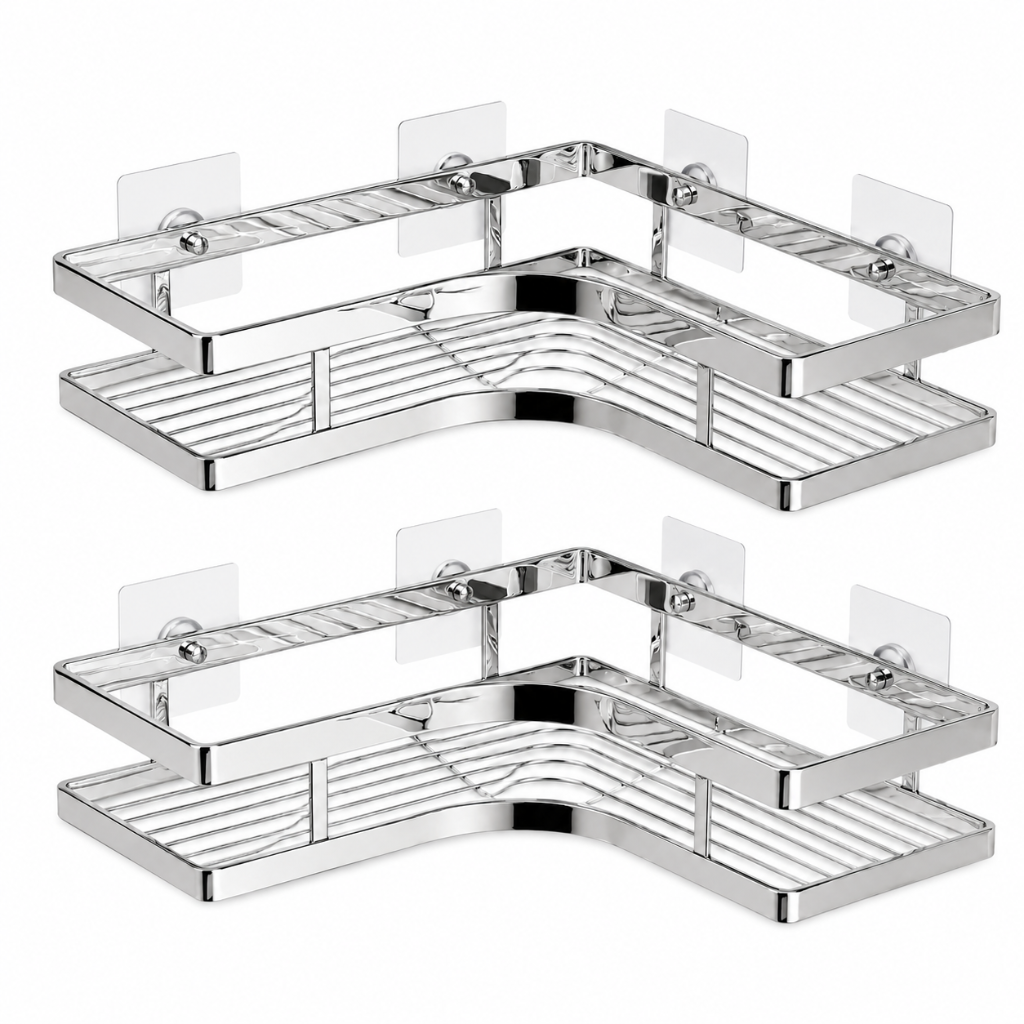 Étagère Douche d'Angle en Inox — Rangement Mural Sans Perçage 2 pièces