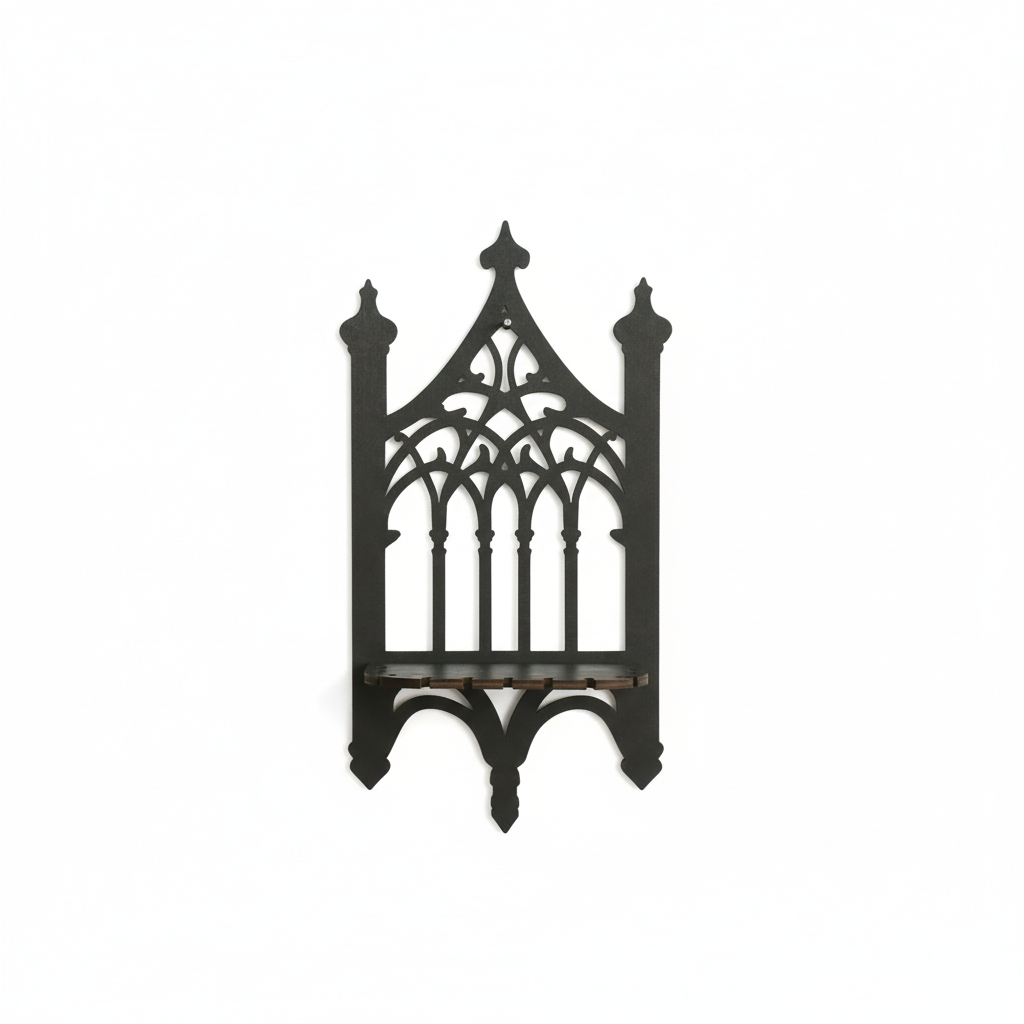 Étagère Murale Flottante Gothique en Bois Noir - Décoration Vintage à Motifs Ajourés Style Cathédrale