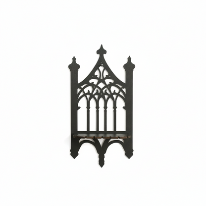Étagère Murale Flottante Gothique en Bois Noir - Décoration Vintage à Motifs Ajourés Style Cathédrale