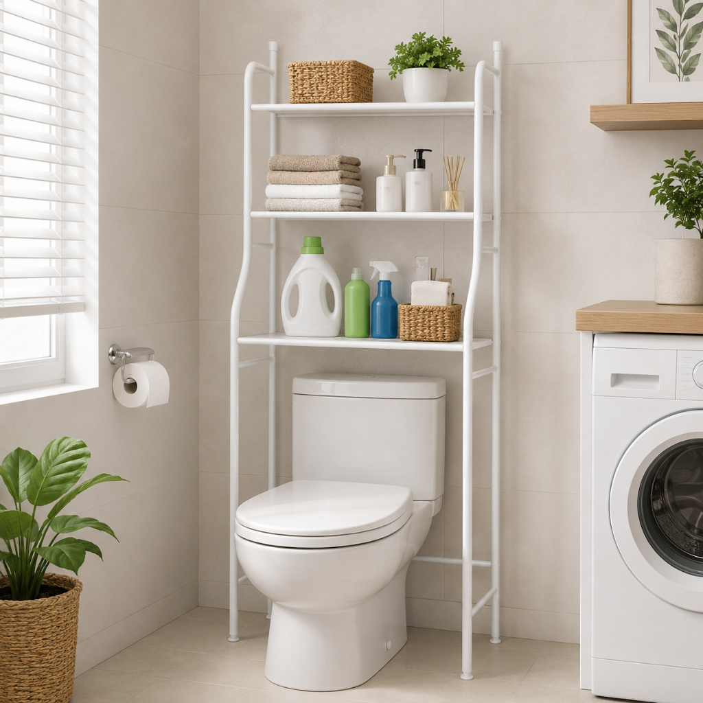 Étagère WC 3 Niveaux en Fer Blanc — Rangement Toilettes et Lave-Linge 1 