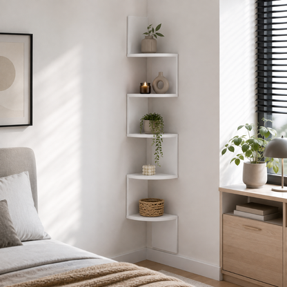 Étagère d'Angle 5 Niveaux Blanc — Rangement Mural Salon Design 1
