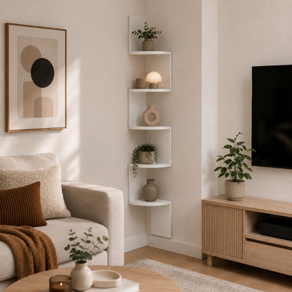 Étagère d'Angle 5 Niveaux Blanc — Rangement Mural Salon Design 2