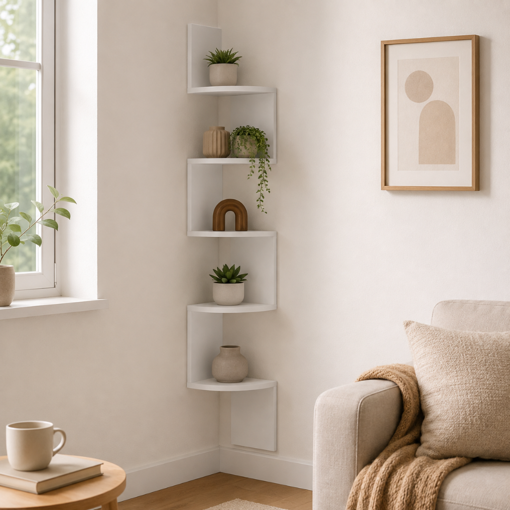 Étagère d'Angle 5 Niveaux Blanc — Rangement Mural Salon Design 3