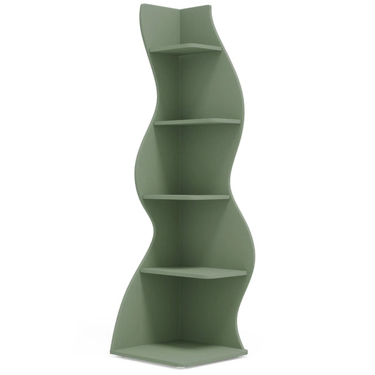 Étagère d'Angle Ondulée 5 Niveaux en Bois, Design Moderne Vert Sauge