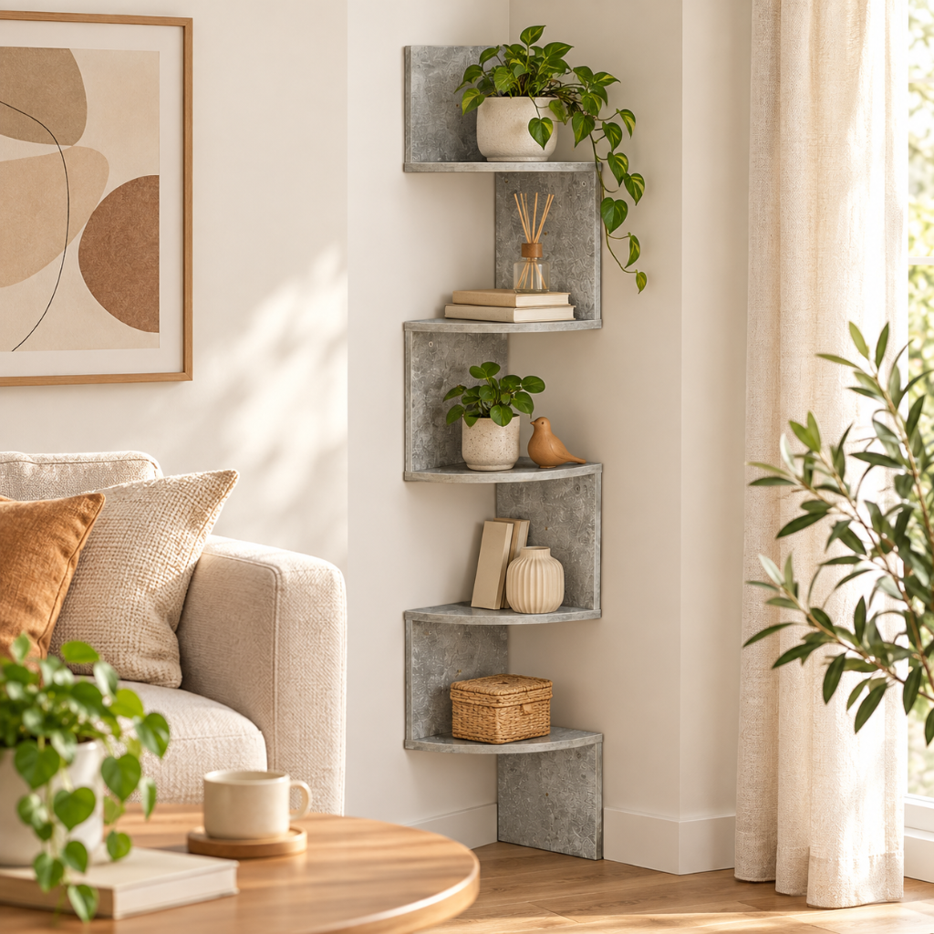Étagère d'Angle Zigzag Gris Béton, 5 Niveaux en Bois, 126 cm 1
