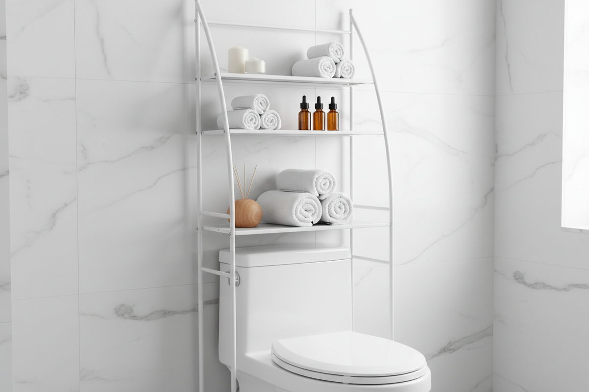 Étagère de Rangement WC 3 Niveaux — Métal Blanc Sans Perçage 2 