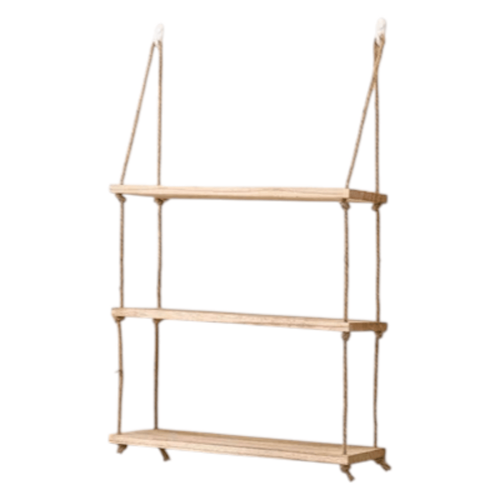 Étagère Murale Suspendue en Bois Naturel avec Cordes – Rangement Flottant 1/2/3 Niveaux