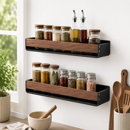 Étagère à Épices Murale Sans Perçage — Bois Noyer & Acier Carbone 1 