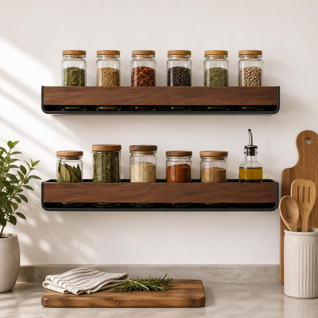 Étagère à Épices Murale Sans Perçage — Bois Noyer & Acier Carbone 2