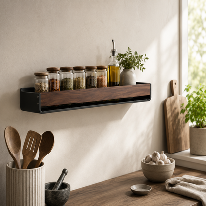 Étagère à Épices Murale Sans Perçage — Bois Noyer & Acier Carbone 3