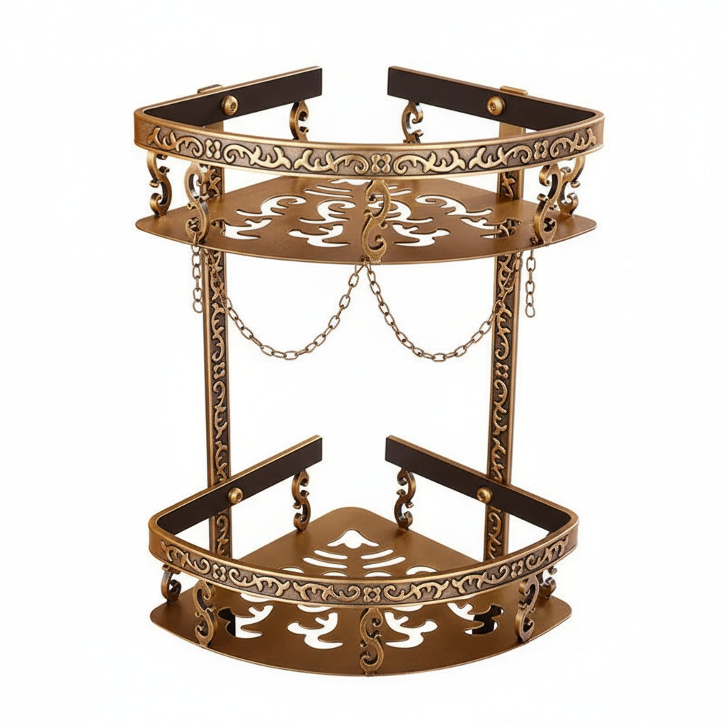 Étagères Murales Salle de Bain – Étagère d’Angle Double en Aluminium Laiton Antique avec Crochets