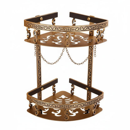 Étagères Murales Salle de Bain – Étagère d’Angle Double en Aluminium Laiton Antique avec Crochets