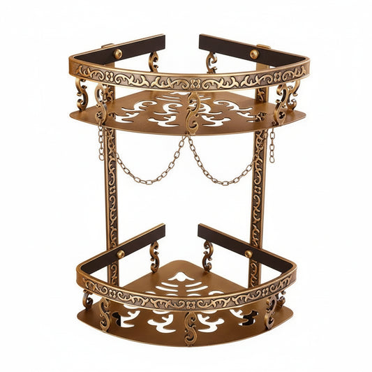 Étagères Murales Salle de Bain – Étagère d’Angle Double en Aluminium Laiton Antique avec Crochets