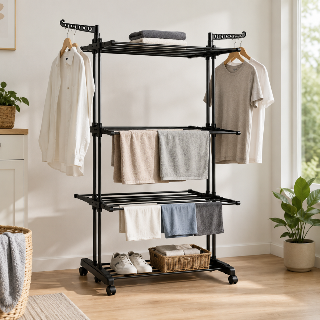 Étendoir à Linge 4 Niveaux avec Roulettes – Pliable, Noir .