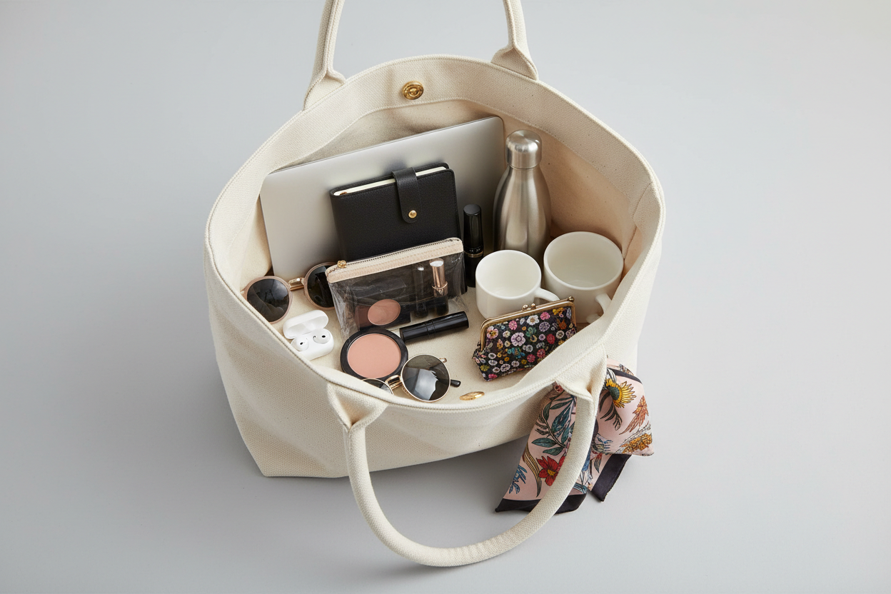 Tote Bag - Vue en plongée intérieur organisé