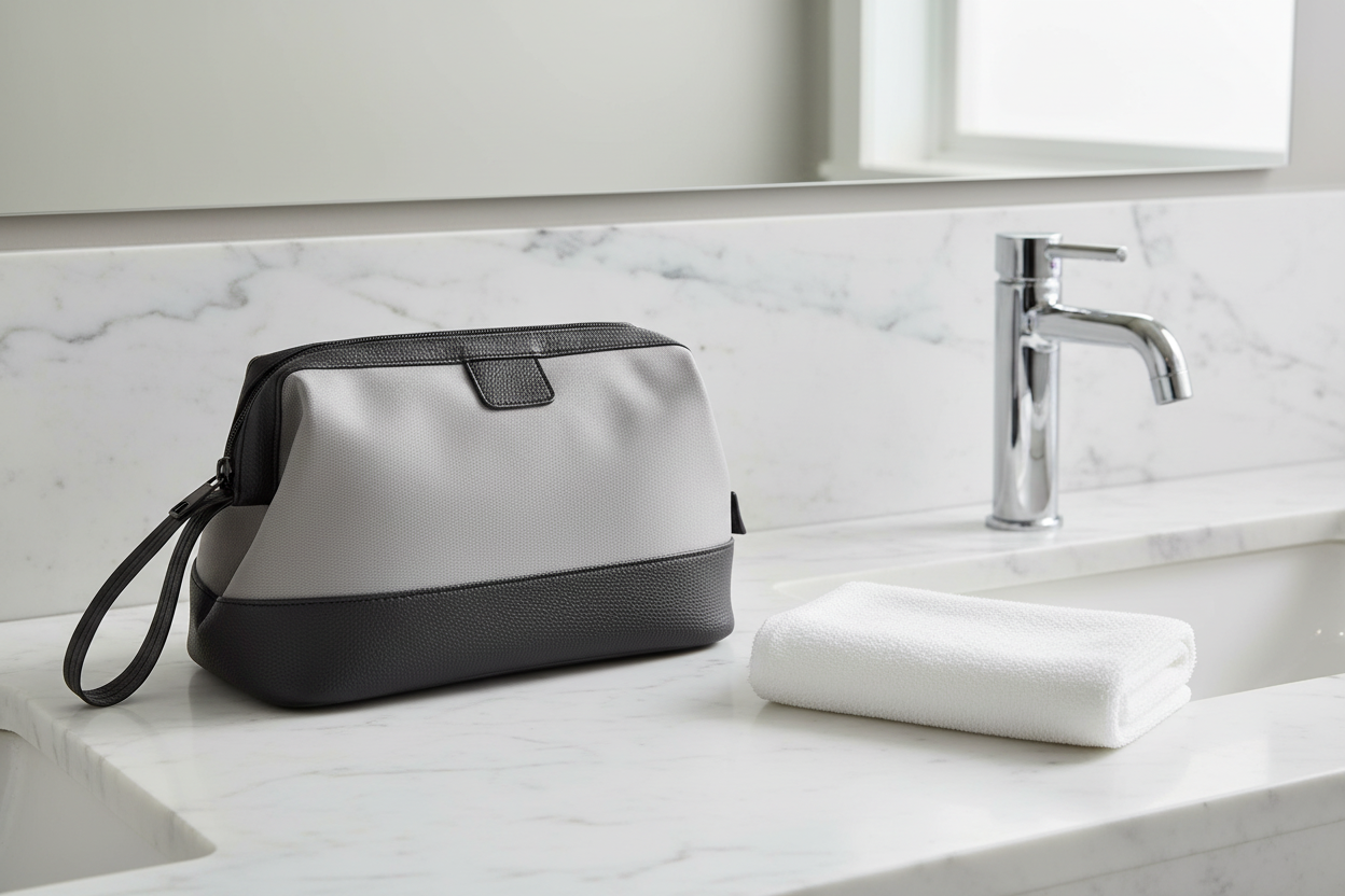 Trousse bicolore sur comptoir marbre