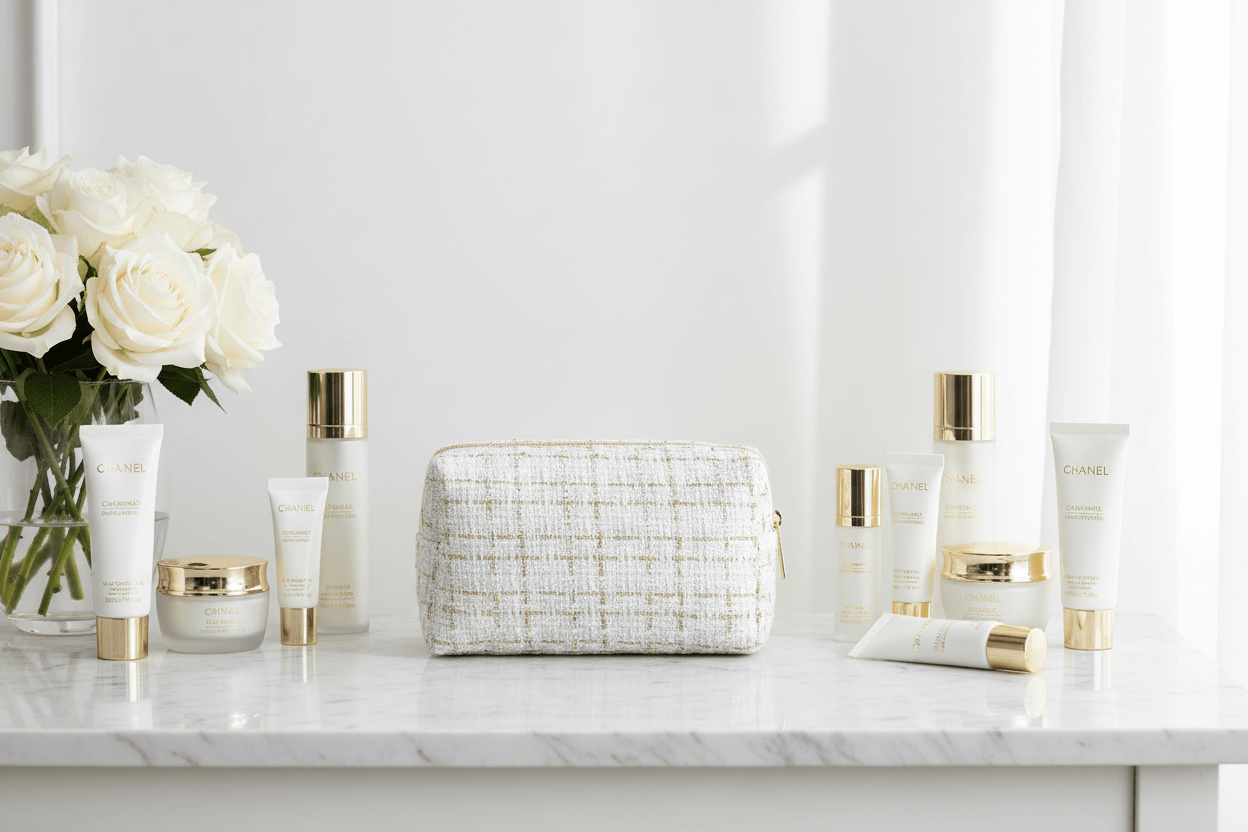 Trousse blanche sur marbre blanc
