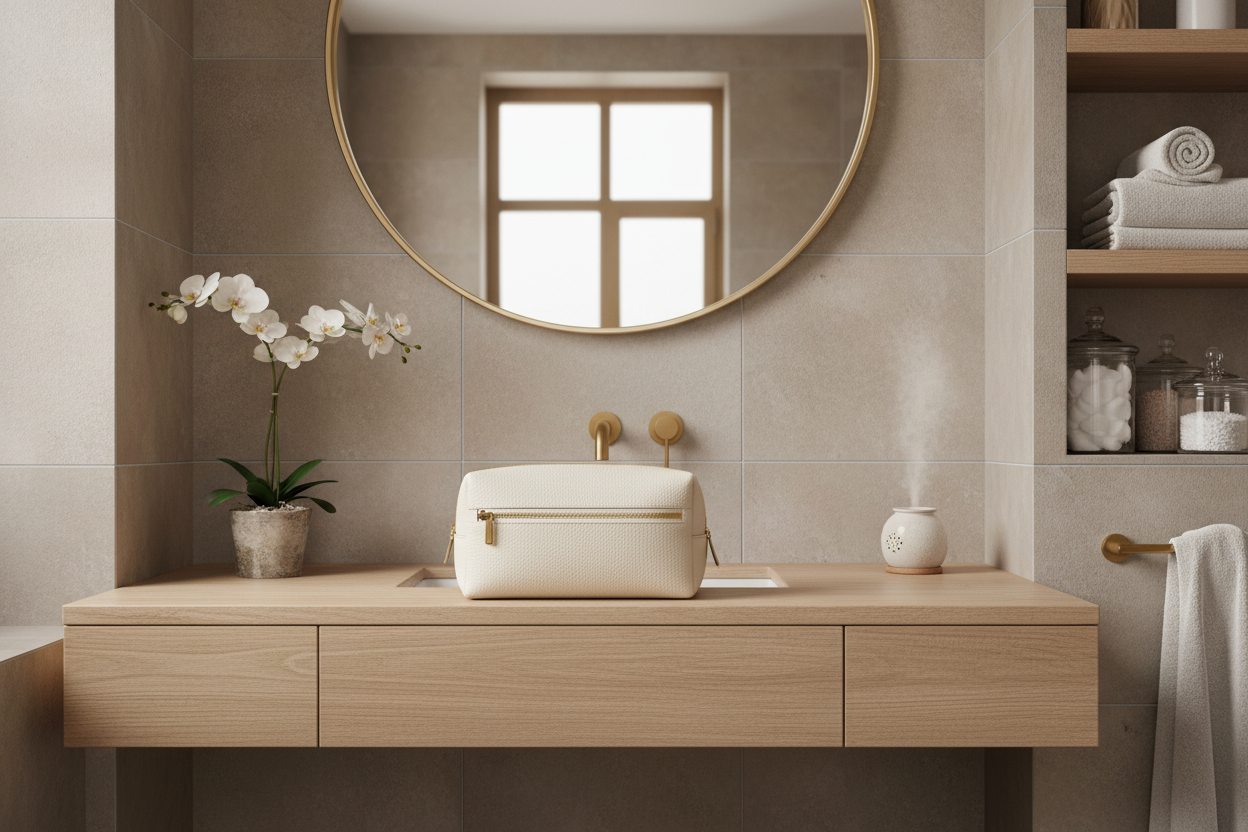 Trousse de toilette premium dans salle de bain moderne