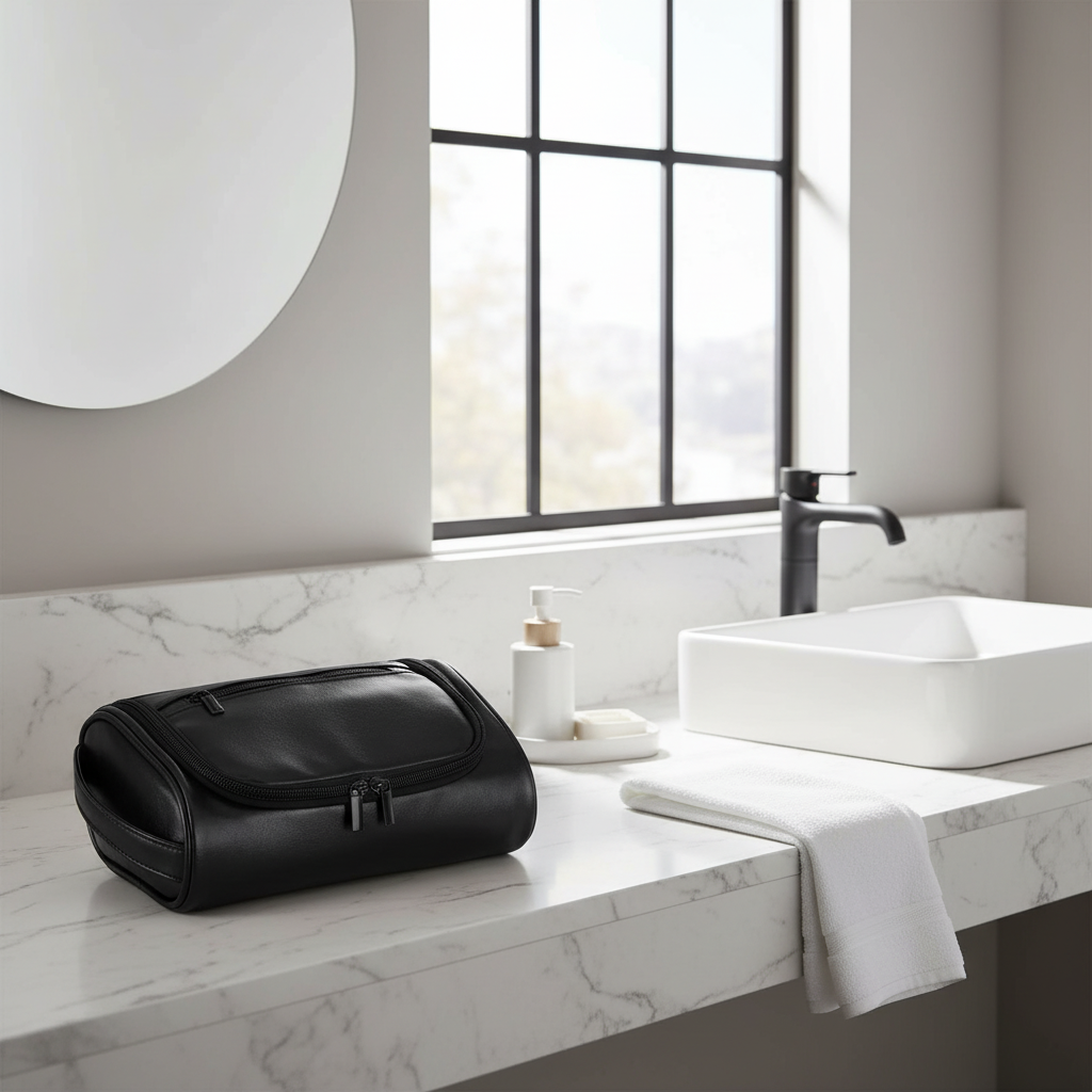 Trousse de toilette sur comptoir de salle de bain