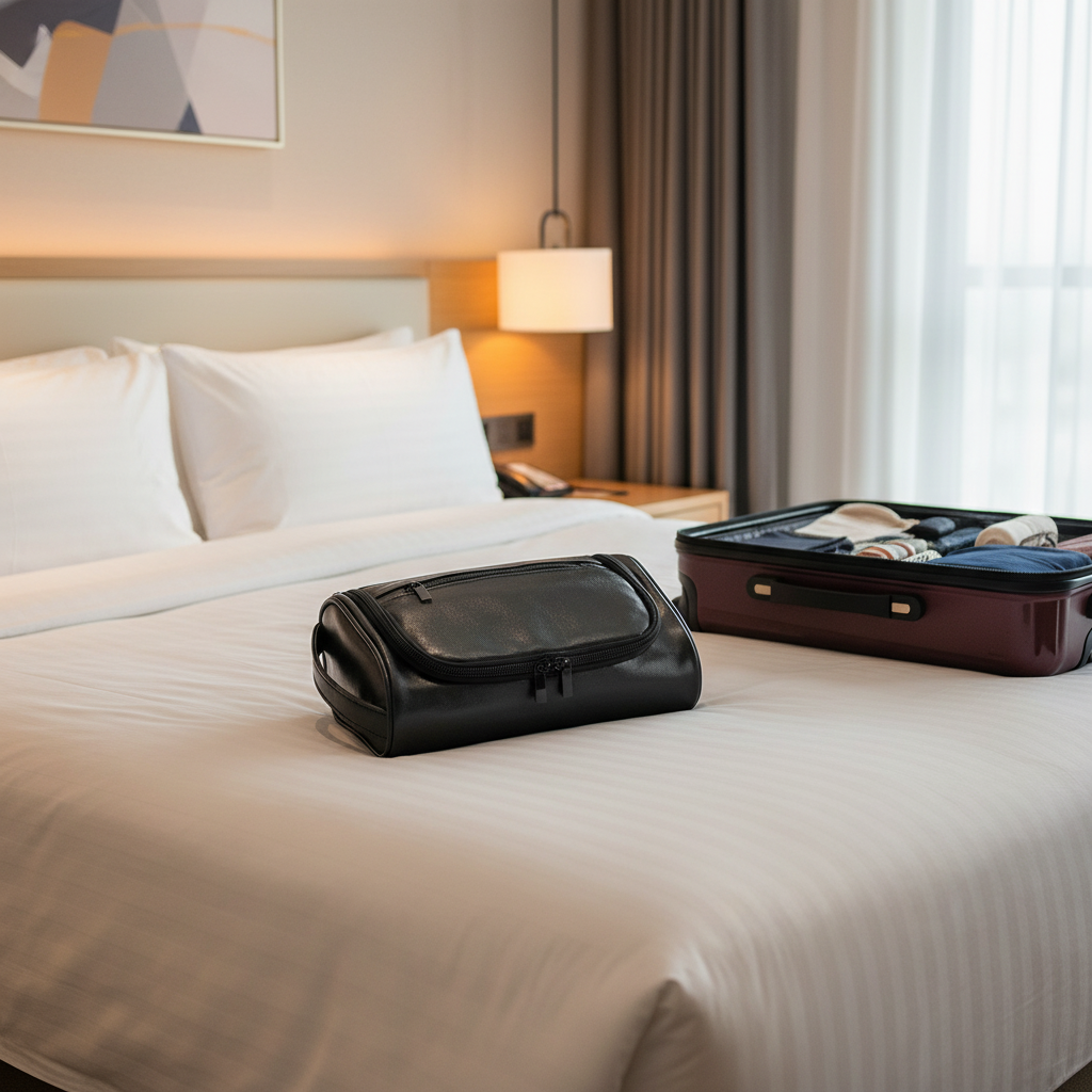 Trousse de toilette sur lit d'hôtel